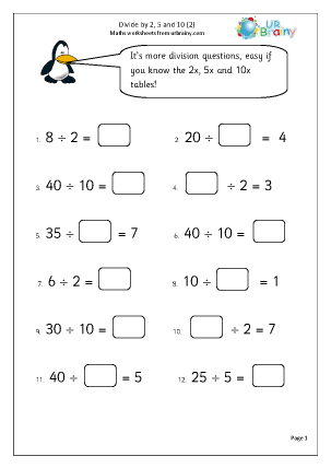 divide by 2 5 and 10 2 division maths worksheets for year 2 age 6 7 by urbrainycom