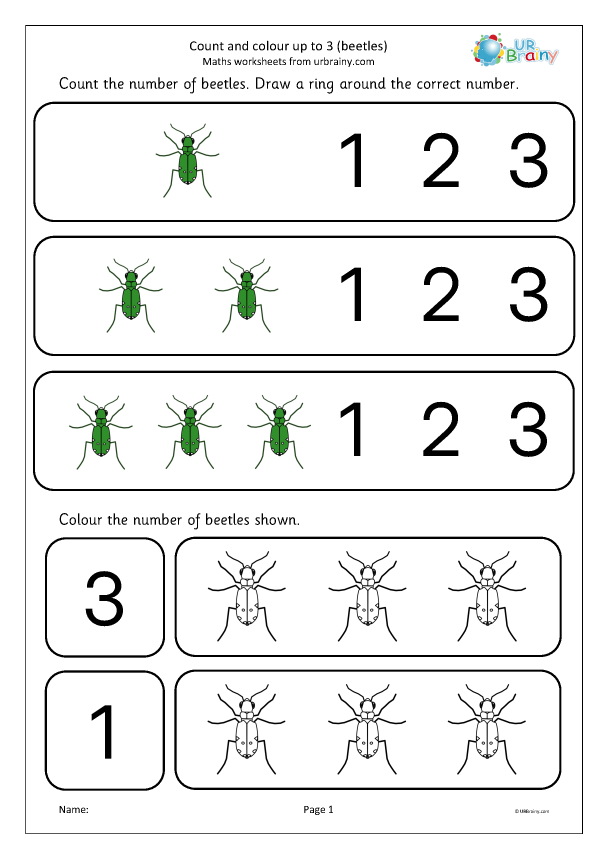 Preview of 'Count and colour up to 3 beetles'