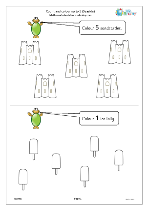 Preview of worksheet Count and colour up to 5 seaside objects