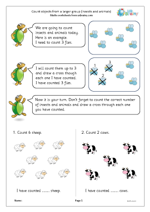 Preview of worksheet Count objects from a larger group: insects and animals