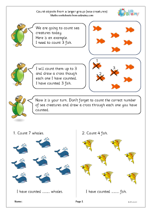 Preview of worksheet Count objects from a larger group: sea creatures