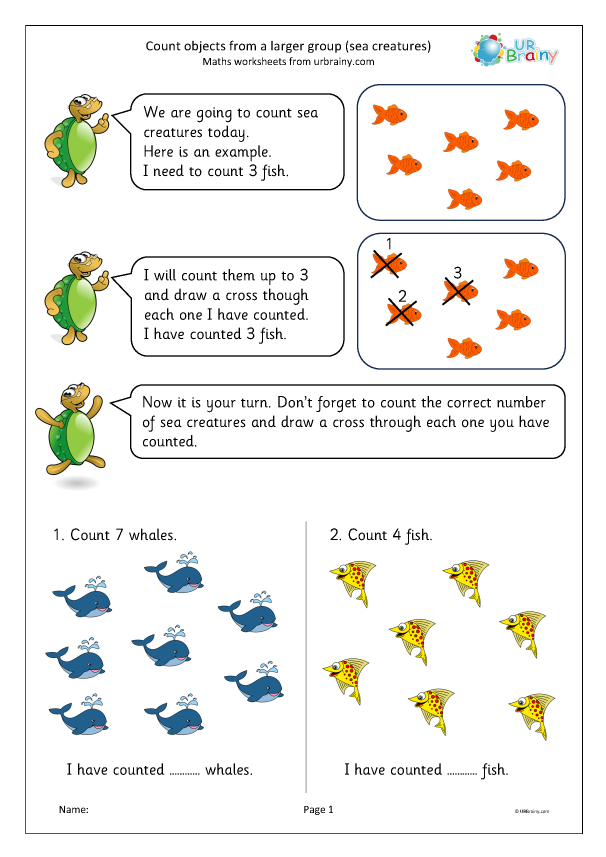 Preview of 'Count objects from a larger group: sea creatures'