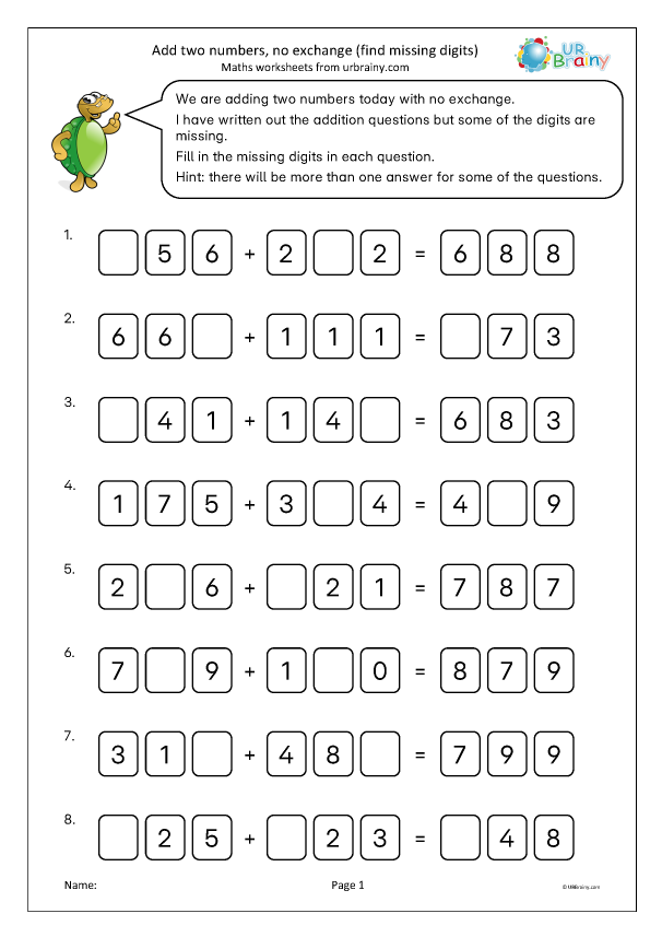 Preview of 'Add two numbers, no exchange (find missing digits)'