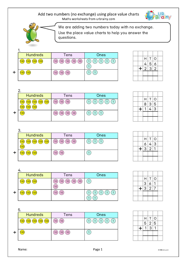 Preview of 'Add two numbers with no exchange (place value charts)'