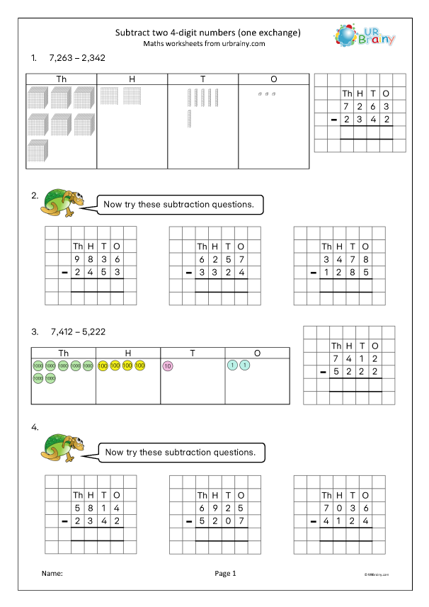 Preview of 'Subtract two 4-digit numbers: one exchange (base 10 and place value counters)'