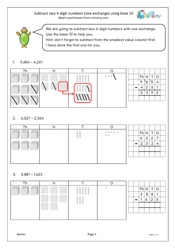 Preview of 'Subtract two 4-digit numbers: one exchange (base 10)'