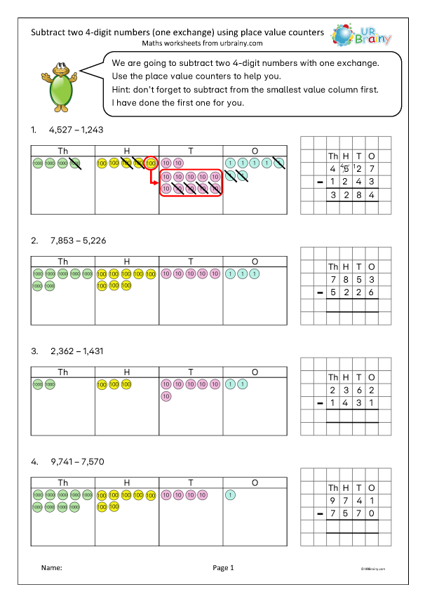 Preview of 'Subtract two 4-digit numbers: one exchange (place value counters)'