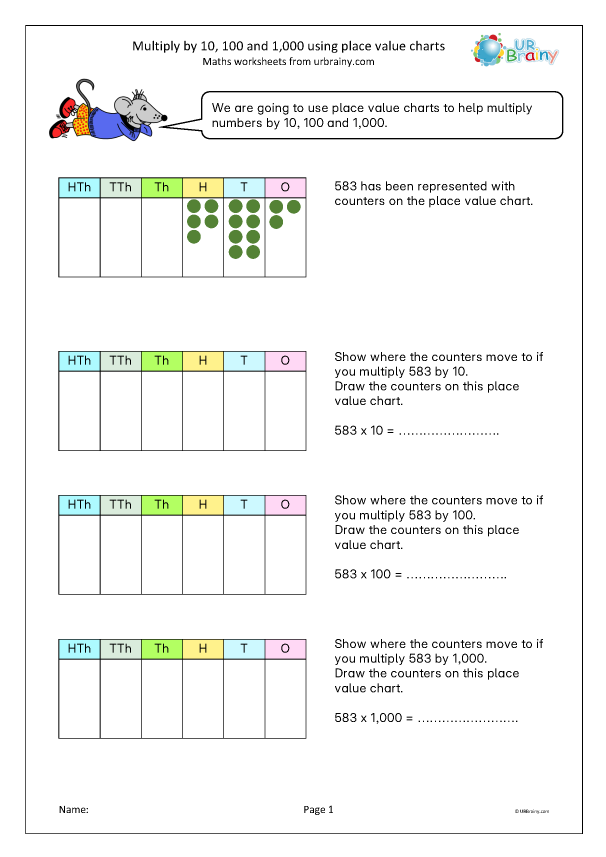 Preview of 'Multiply by 10, 100 and 1,000 using place value charts'