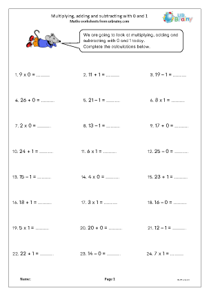 Preview of worksheet Multiplying, adding and subtracting with 0 and 1