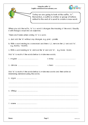 Preview of worksheet Suffix: ic