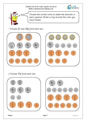 Preview of worksheet Choose coins to make a given amount