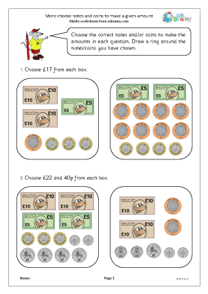 Preview of worksheet More choose notes and coins to make a given amount