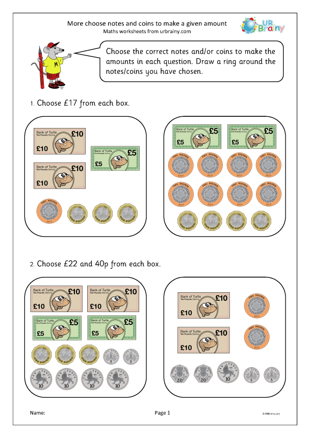 Preview of 'More choose notes and coins to make a given amount'