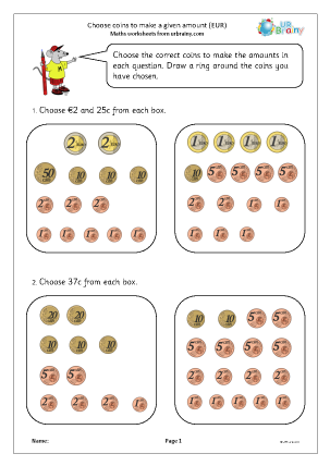 Preview of worksheet Choose coins to make a given amount (Euros)