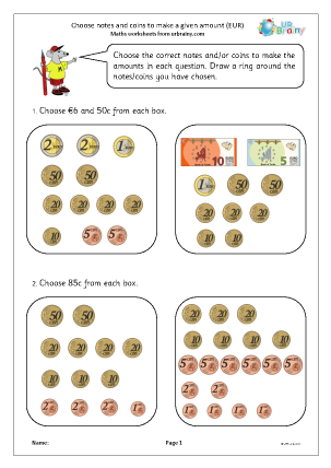 Preview of worksheet Choose notes and coins to make a given amount (Euros)