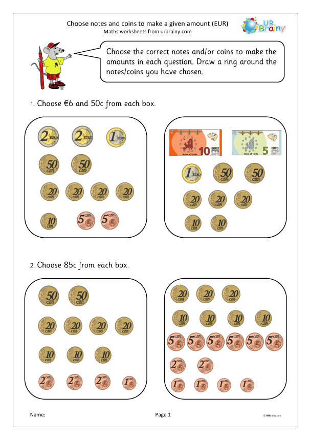 Preview of 'Choose notes and coins to make a given amount (Euros)'