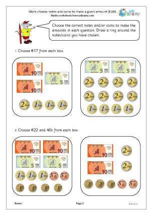 Preview of worksheet More choose notes and coins to make a given amount (Euros)