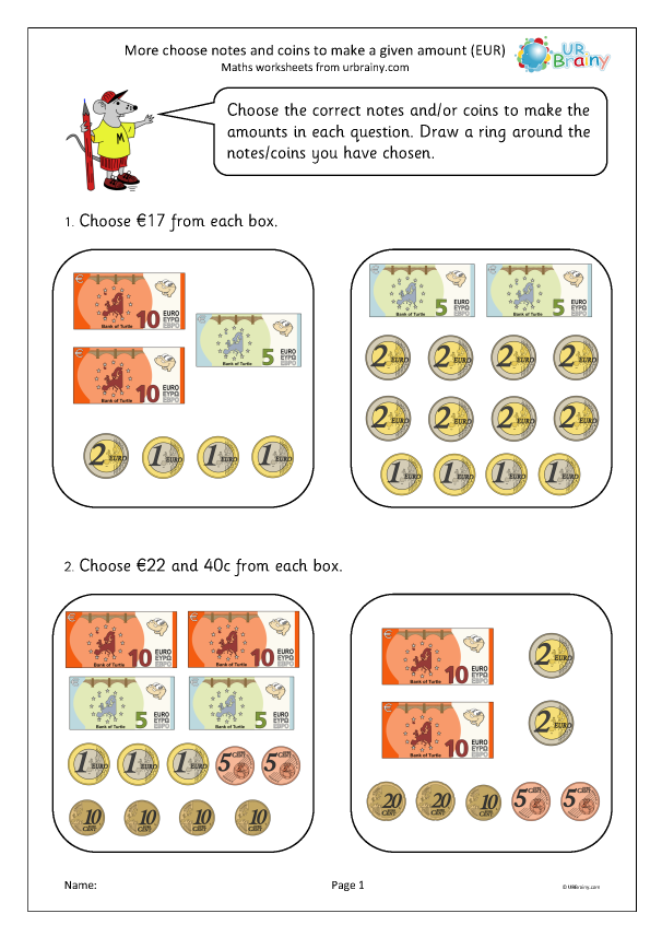 Preview of 'More choose notes and coins to make a given amount (Euros)'
