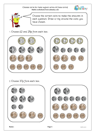 Preview of worksheet Choose coins to make a given amount (new coins)