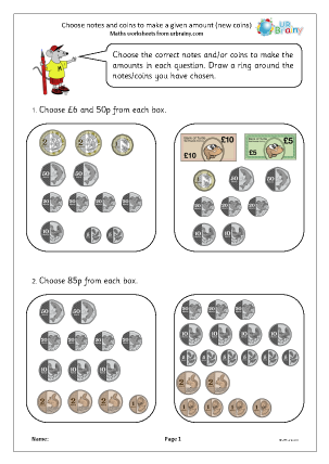 Preview of worksheet Choose notes and coins to make a given amount (new coins)