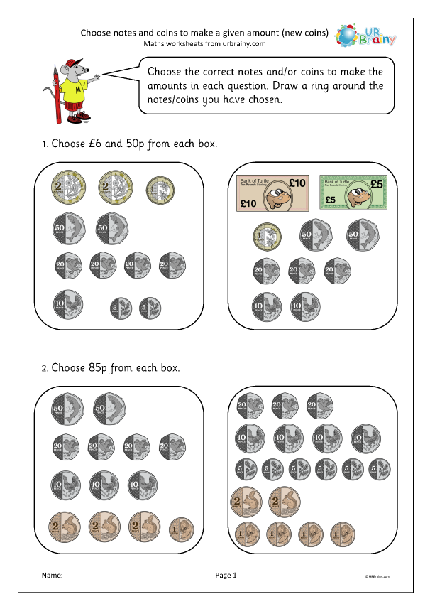 Preview of 'Choose notes and coins to make a given amount (new coins)'