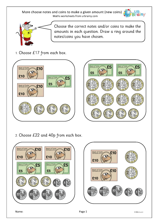 Preview of 'More choose notes and coins to make a given amount (new coins)'