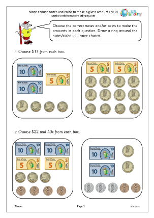 Preview of worksheet More choose notes and coins to make a given amount (NZD)