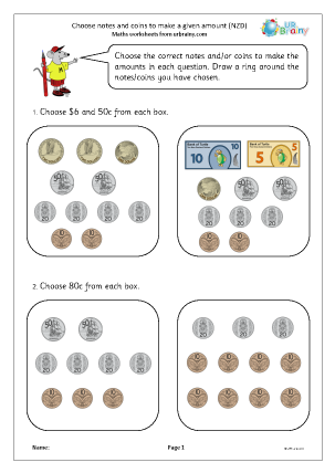 Preview of worksheet Choose notes and coins to make a given amount (NZD)