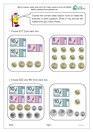 Preview of worksheet More choose notes and coins to make a given amount (AUD)