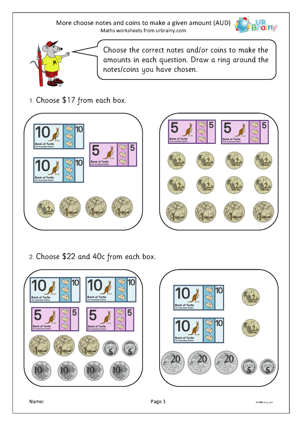 Preview of 'More choose notes and coins to make a given amount (AUD)'