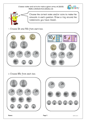 Preview of worksheet Choose notes and coins to make a given amount (AUD)