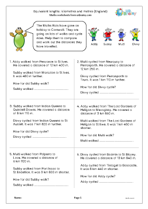 Preview of worksheet Equivalent lengths: km and m (England)