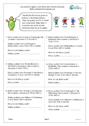 Preview of worksheet Equivalent lengths: km and m (Ireland)