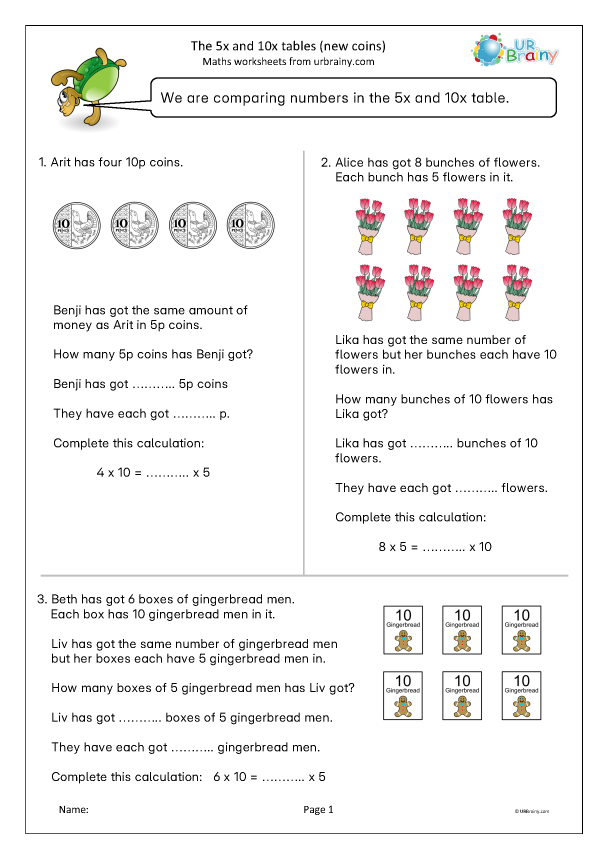 Preview of 'The 5 and 10 times tables (new coins)'