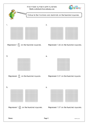 Preview of worksheet Find mixed numbers with a hundred square
