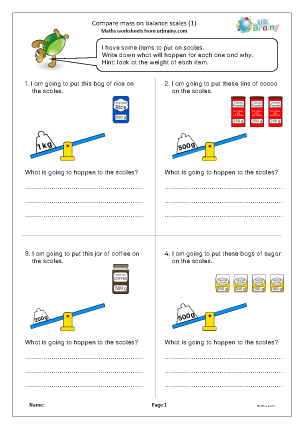 Preview of worksheet Compare mass on balance scales (1)