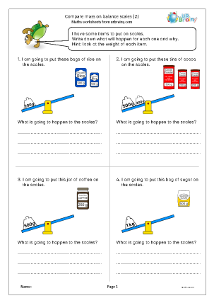 Preview of worksheet Compare mass on balance scales (2)