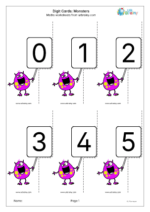 Preview of worksheet Digit cards: monsters