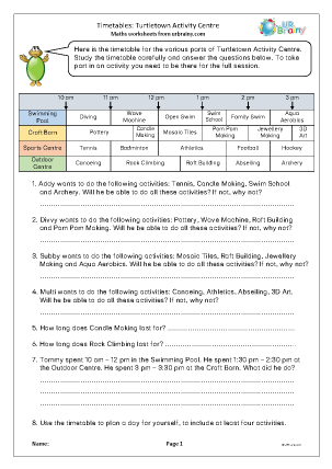Preview of worksheet Timetables: Turtletown Activity Centre