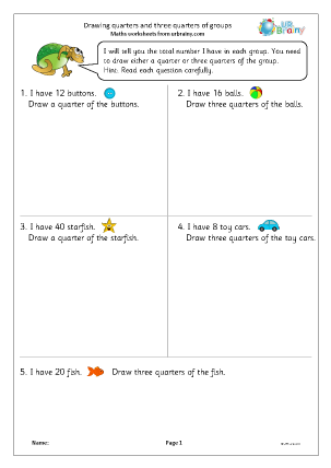 Preview of worksheet Drawing quarters and three-quarters of groups