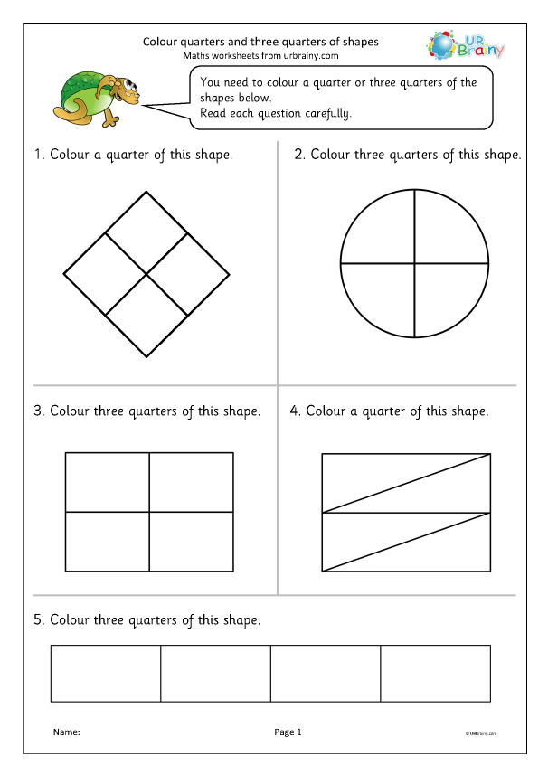 Preview of 'Colour quarters and three-quarters of shapes'
