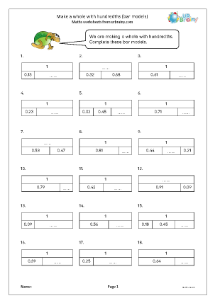 Preview of worksheet Make a whole with hundredths (bar models)