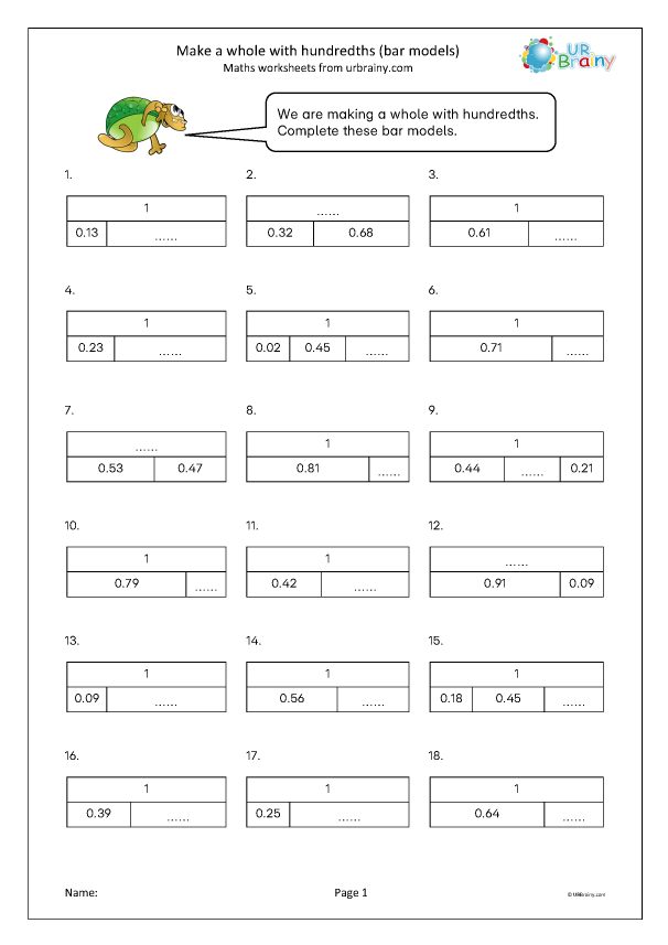 Preview of 'Make a whole with hundredths (bar models)'