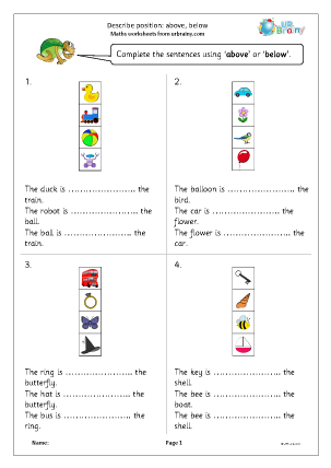 Preview of worksheet Describe position: above below