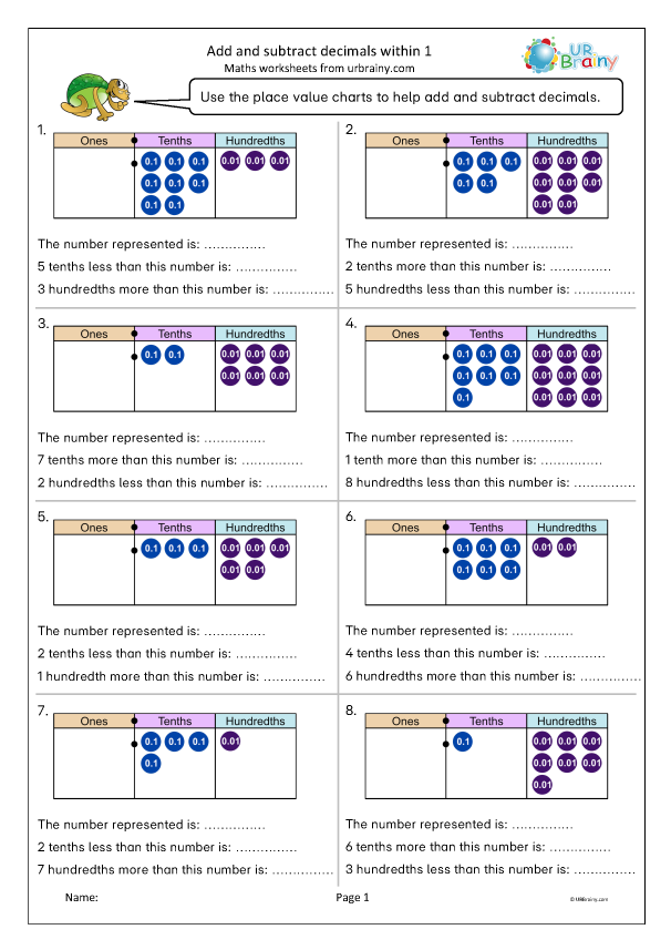 Preview of 'Add and subtract decimals within 1 (with a hundred square)'