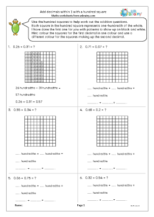 Preview of worksheet Add decimals within 1 (with a hundred square)