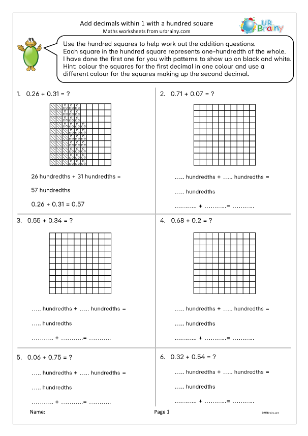 Preview of 'Add decimals within 1 (with a hundred square)'