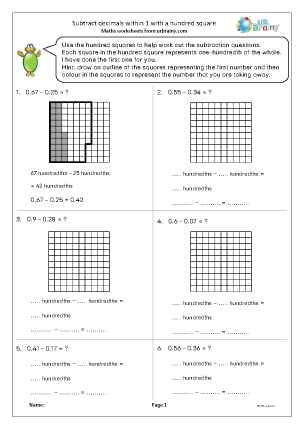 Preview of worksheet Subtract decimals within 1 (with a hundred square)