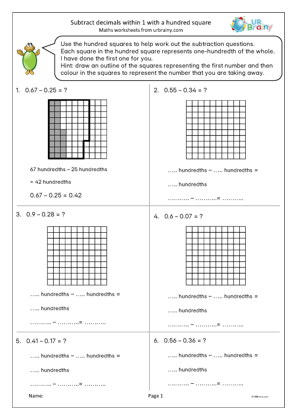 Preview of 'Subtract decimals within 1 (with a hundred square)'