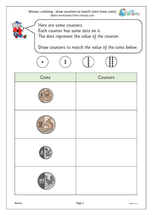 Preview of 'Money: Unitising - draw counters to match new coins'